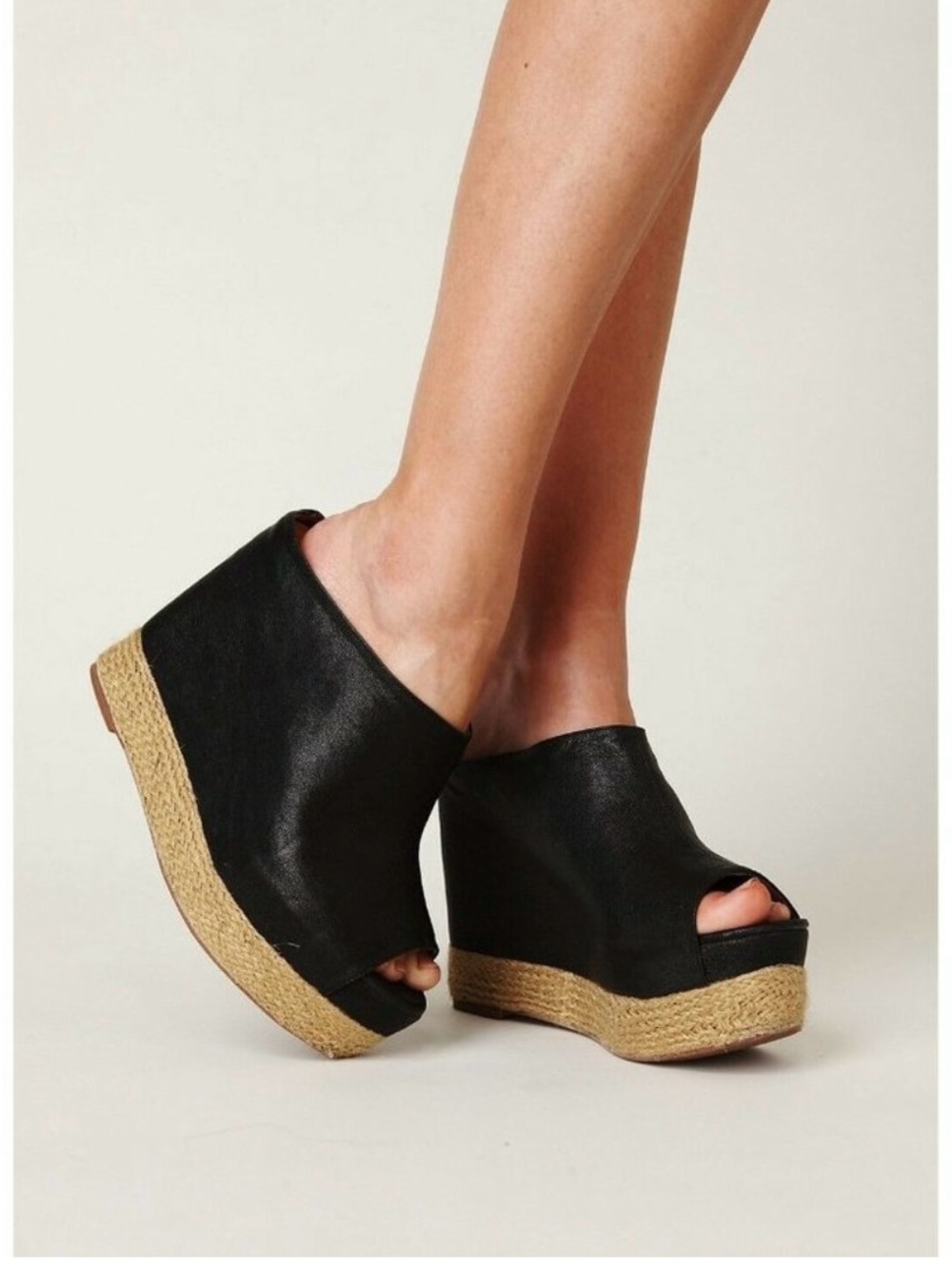 JEFFREY CAMPBELL Virgo Havana Last Black Leather Platform Wedge Size 7.5 M
